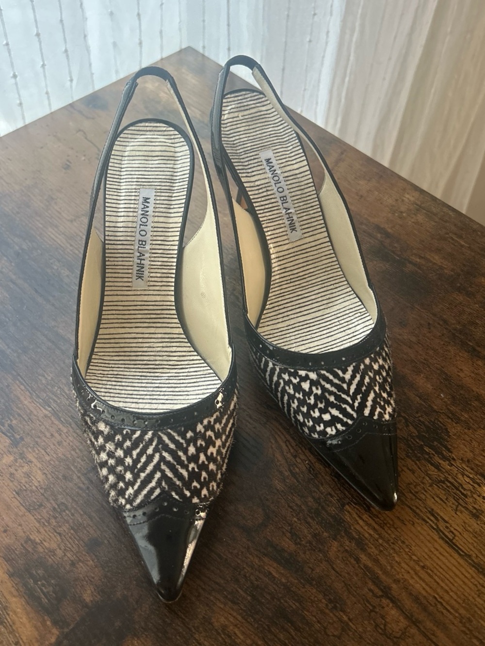 Manolo Blahnik pony hair slingback heels